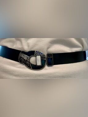 Chico's black leather/metal adjustable vintage belt with green & blue inlays